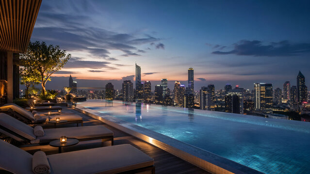 Piscine &agrave; d&eacute;bordement sur rooftop avec skyline urbaine au cr&eacute;puscule