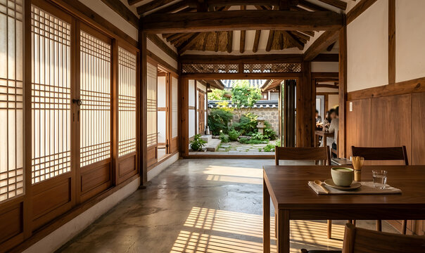 Korean hanok traditional cafe interior courtyard view.