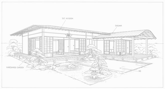 Detailed architectural line art drawing of a traditional Japanese house and serene garden with a tranquil pond, ideal for design projects and cultural visualizations