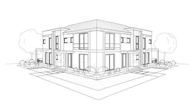 modern residential architectural sketch of a contemporary duplex house with sharp geometric lines and symmetrical design