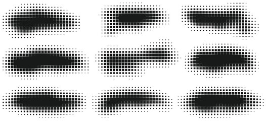 Fototapeta premium Halftone dotted black shapes on white background. Blob stroke set with square pixel noisy effect. Abstract splatter stroke digital banner texture. Vector illustration