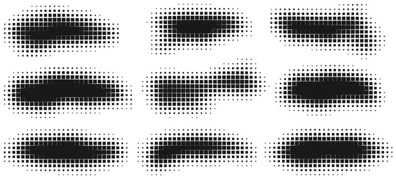 Halftone dotted black shapes on white background. Blob stroke set with square pixel noisy effect. Abstract splatter stroke digital banner texture. Vector illustration
