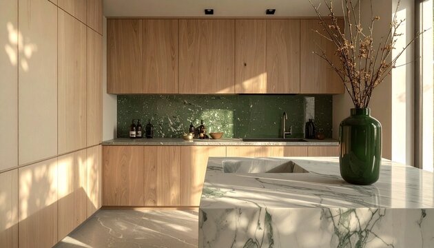 Modern kitchen marble island wood cabinetry green tile backsplash