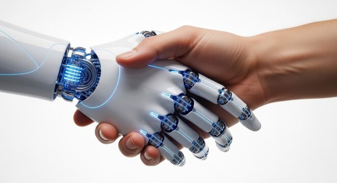A robotic hand shaking a human hand in a gesture of partnership and innovation
