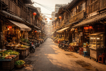 Naklejka premium A vibrant street market with shops and lanterns in warm evening light.