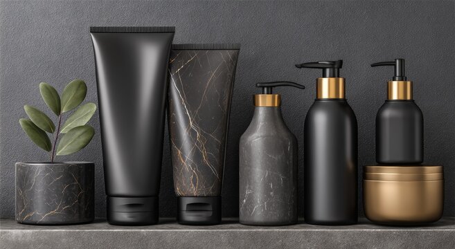 The refined 3D dais showcases a black marble surface and a polished gold metallic highlight against a dark background