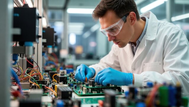 Engineer focuses intently on circuit board assembly
