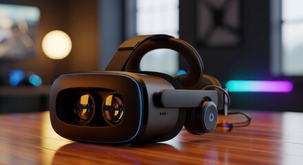 Fototapeta premium A sleek virtual reality headset sits on a wooden table in a modern room with vibrant lighting.