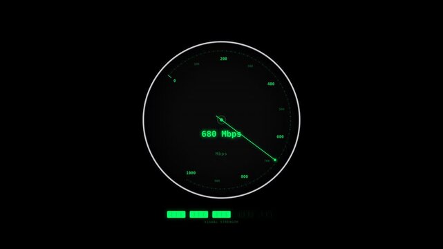 A speed test gauge display in a sleek black background with green accents