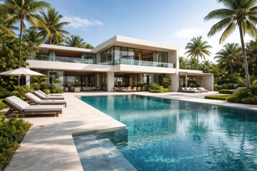 Fototapeta premium Modern villa with a pool surrounded by palm trees and lounge chairs.