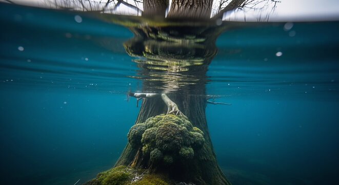 Surreal split level view of a submerged tree in clear blue lake water
