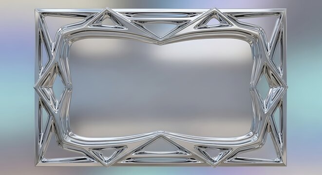 An empty silver metal frame with diamonds rests on a glass chair inside a modern business office featuring sleek steel architecture and auto industry design
