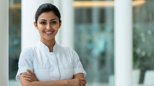 Confident Professional Woman: A poised and confident professional woman, wearing a white lab coat, stands with her arms crossed and a warm smile, looking directly at the camera.