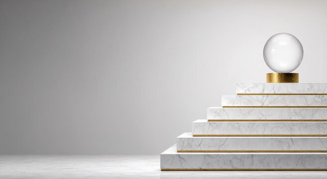 In a minimalist 3D rendering, straight white marble steps rise, accompanied by gold steps and a clear crystal sphere on the top tier