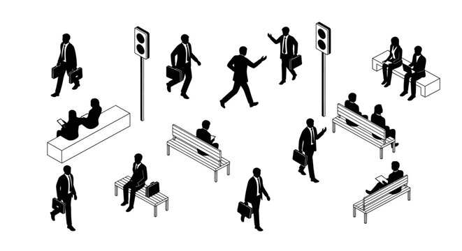 isometric black silhouette business people in urban setting walking and sitting