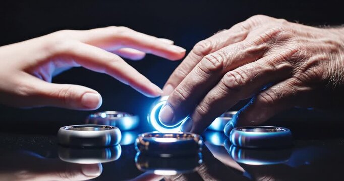 Hands Selecting Smart Ring on Black Surface.