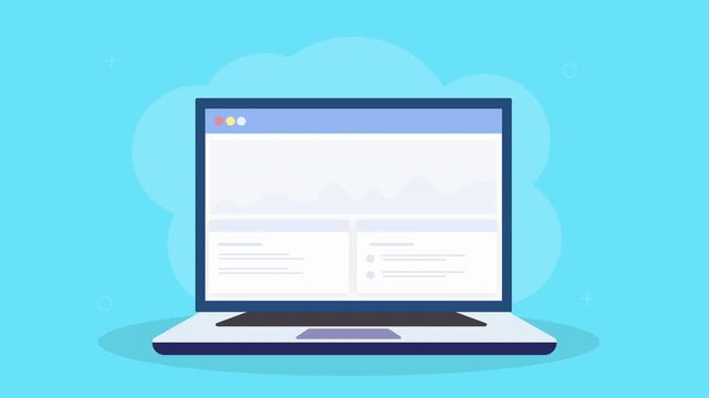 Animated laptop displaying clean minimal dashboard interface with simple layout and modern flat design on teal background.