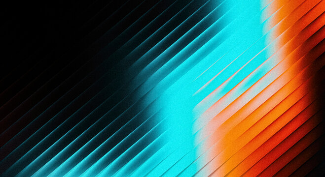 Abstract background with diagonal lines in a gradient of cyan and orange with a grainy texture and dark shadows