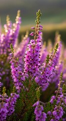 Fototapeta premium Close-up of vibrant purple heather flowers in natural light.