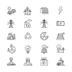 Fototapeta premium Renewable energy vector illustration set, sustainable power icons