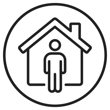 Simple Line House and Person Within Circle Shape Icon Illustration