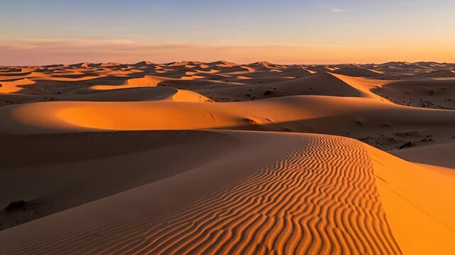 Endless golden sand dunes ripple into horizon under a pastel gradient sky at sunset