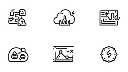 Fototapeta premium Icons Representing Workflows: A collection of concise icons illustrating business and technology processes, designed to visually communicate concepts effectively. 