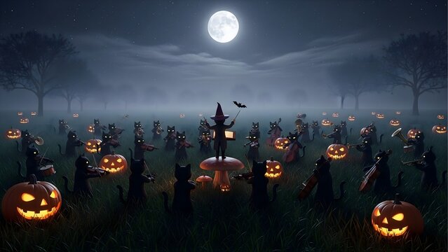Orchestra of black cats playing musical instruments in a field with pumpkins and full moon
