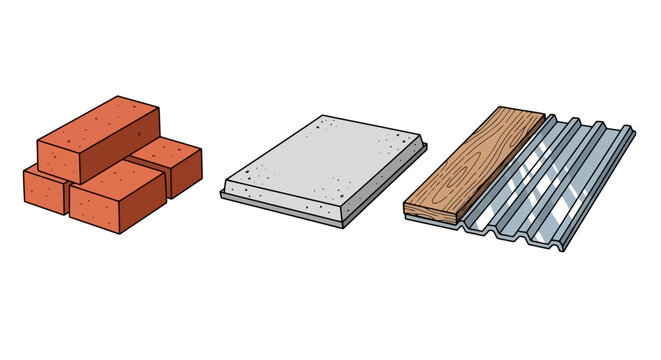 Set of construction building materials featuring red bricks, a concrete slab, wooden plank, and corrugated metal roofing sheet illustration isolated on white background.