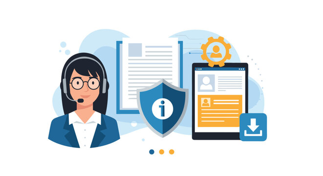 Professional customer support specialist with a headset handles data security and document management in a busy office.