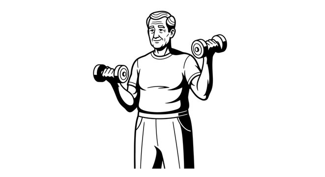 Active Senior Man Exercising with Dumbbells Illustration.
