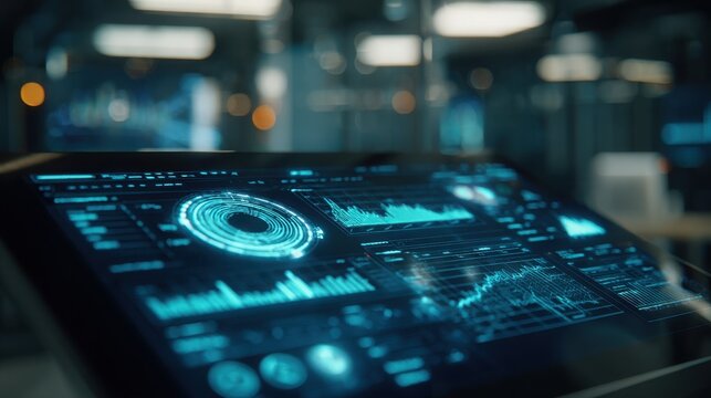 A futuristic digital dashboard displaying various graphs and charts on a transparent background