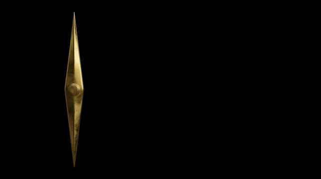 Ancient 24k gold compass needle pointing up on black obsidian plinth, business direction concept
