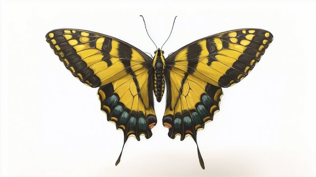 Hand drawn illustration style yellow black swallowtail butterfly with colorful wing edge patterns placed on plain solid white background, nature insect graphic design element concept