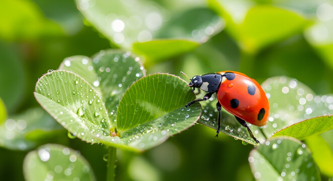 Ultra macro photo of a red ladybug on fresh green clover leaves with water droplets