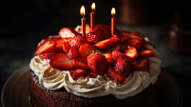 Deliciously frosted birthday cake topped with fresh strawberries and lit candles in a dark setting