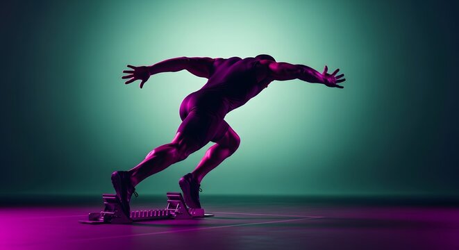 Sprinter launching from starting blocks in purple light. Explosive power and athletic beginning. Male runner starting a race with high intensity