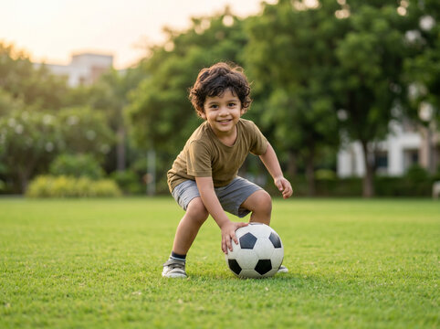 young indian boy playing football on green grass field smiling happily representing childhood outdoor activity sports and healthy lifestyle concept