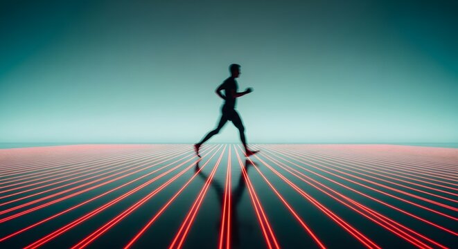 Silhouette of man running on glowing red grid lines. Futuristic fitness and data tracking. Male jogger exercising in high tech digital virtual environment