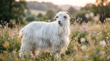Fototapeta premium Fluffy White Goat in a Flower Field Goat White Goat Fluffy Animal Farm Animal Flower Field Nature Sunset. Concept featuring goat, white goat, fluffy animal, farm animal, flower field for profession...