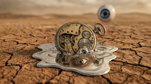 Surreal Clock and Eye in a Desert Landscape Surreal Clock Eye Desert Melting Time Landscape. Concept featuring surreal, clock, eye, desert, melting for professional commercial design.