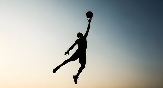 Low angle silhouette of basketball player dunking ball. Ambition and athletic achievement. Man jumping high against a clear sky reaching for a one-handed score