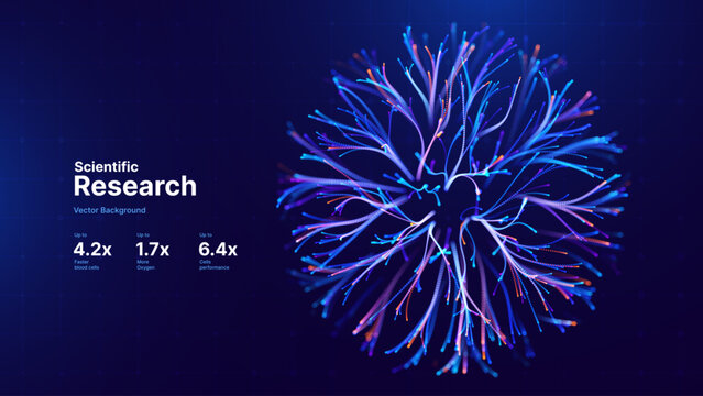 Artificial Intelligence, AI Neural Network Brain Roots Background with Glowing Connection Lines. Data Flow Particles Digital Technology Medical Science Innovation Vector Illustration.