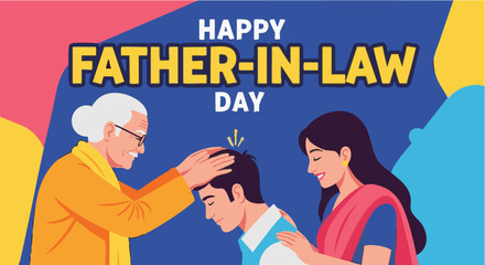 Happy Father-in-law Day greeting card with smiling family in colorful flat illustration for social media © Any
