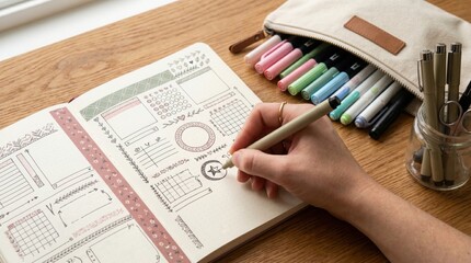 Fototapeta premium Close-Up of Freelancer's Hand Writing in a Bullet Journal with a Fine-Liner Pen, Colorful Washi Tape Borders, Pen Pouch and Markers on Wooden Desk