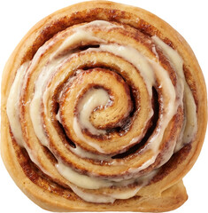 Fototapeta premium Freshly baked cinnamon roll with icing isolated on transparent background