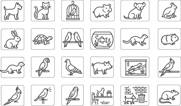 Urban pet animals vector icons set, black line icons dogs cats birds rabbits fish hamsters turtles parrots cages CAD illustration style