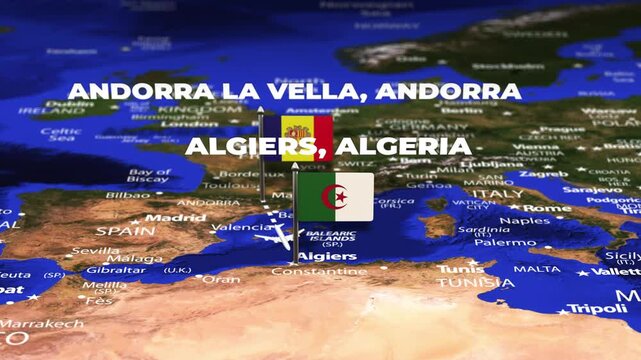 Flight From Andorra la Vella ANDORRA Algiers ALGERIA with flag pins