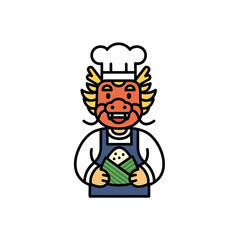 Naklejka premium Cute dragon chef mascot holding a traditional zongzi rice dumpling