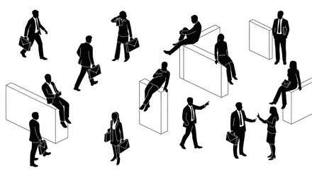 Fototapeta premium isometric business people silhouettes in black and white diverse poses and interactions